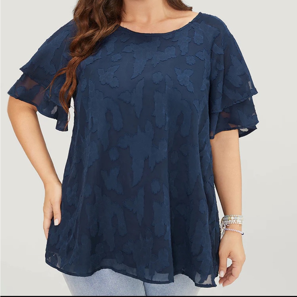 BloomChic Blue Floral Sheer Overlay Double Ruffle Sleeve Top Size Large 12 - Picture 1 of 9